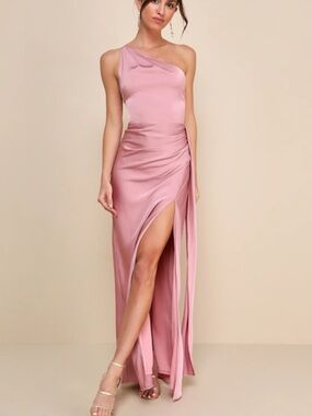 Lulus One-Shoulder Pink Satin Maxi Dress with High Slit NWT